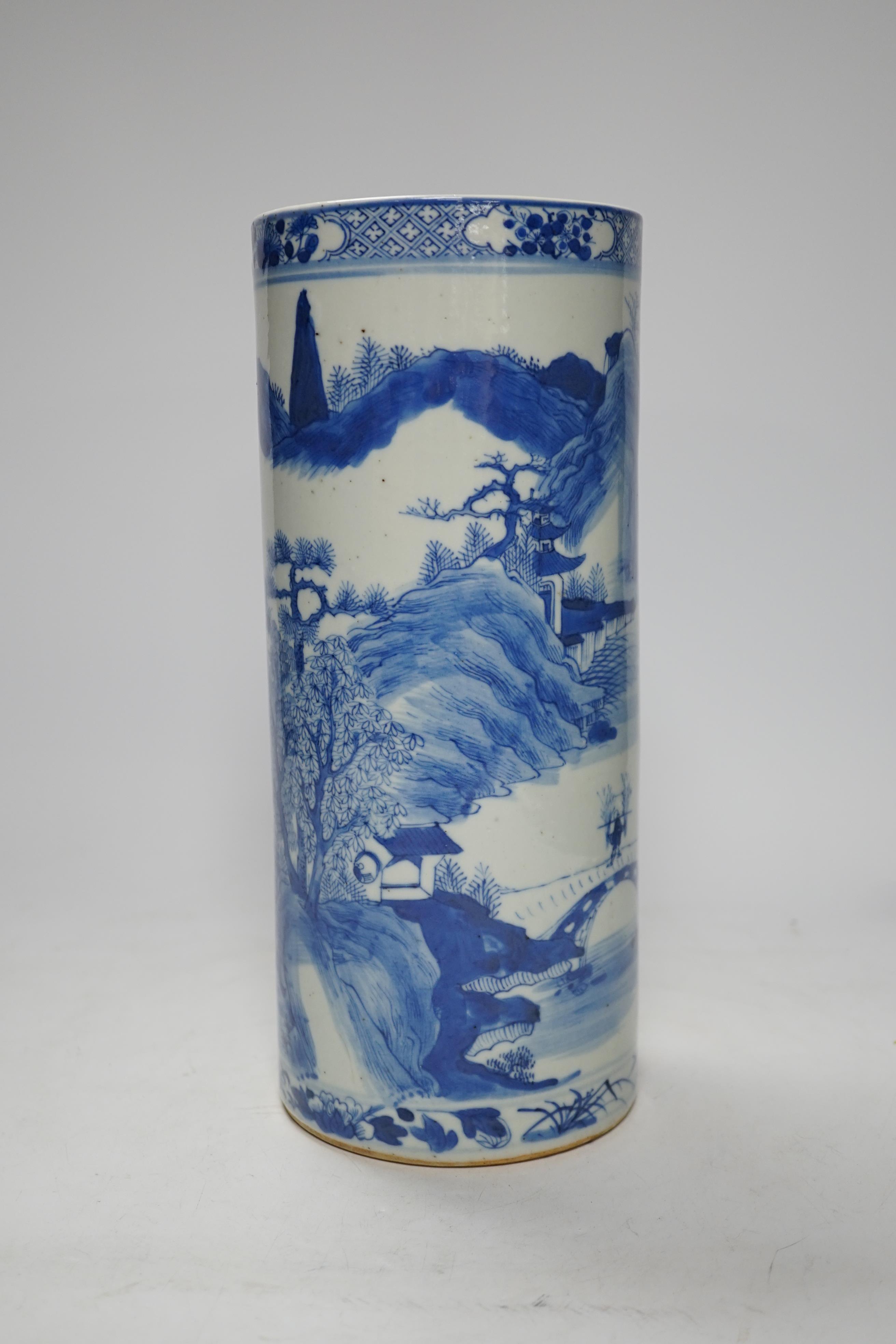A Chinese blue and white cylindrical vase, 19th century, 28cm high
